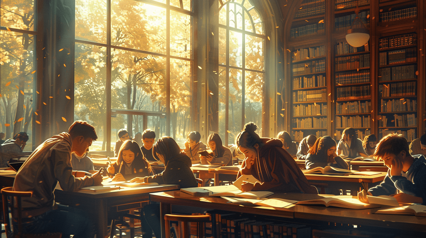 Students flipping through Portuguese language textbooks at a shared table.