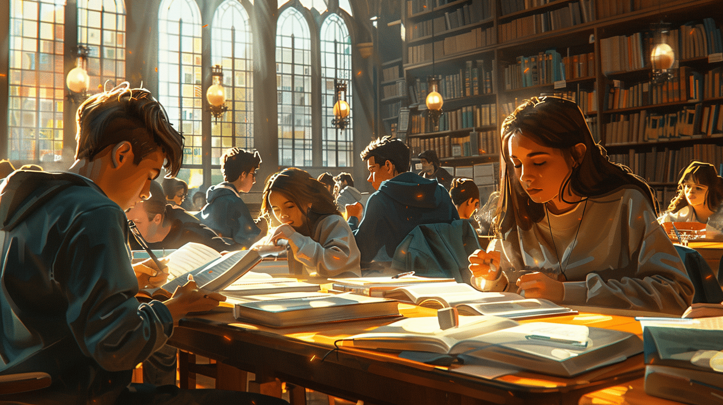 Students surrounding a table filled with different language study materials.