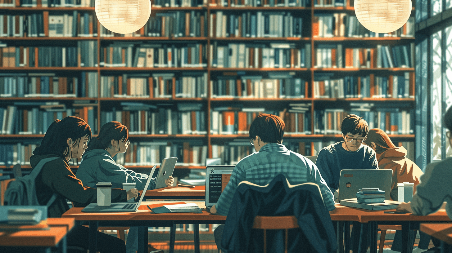 Focused student reading a German play in a library corner.